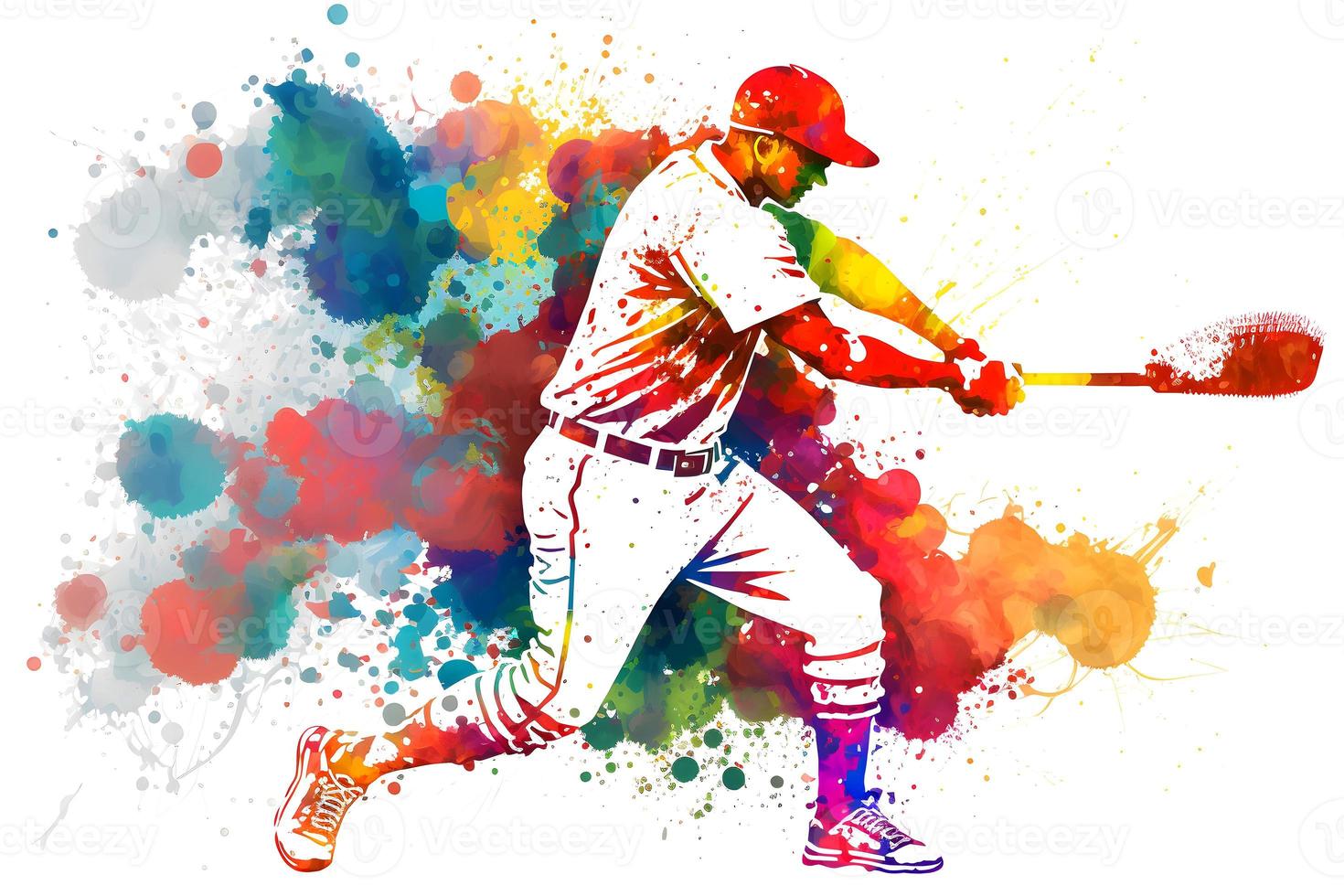 Baseball Player with multicolored watercolor splash, isolated on white background. Neural network generated art photo