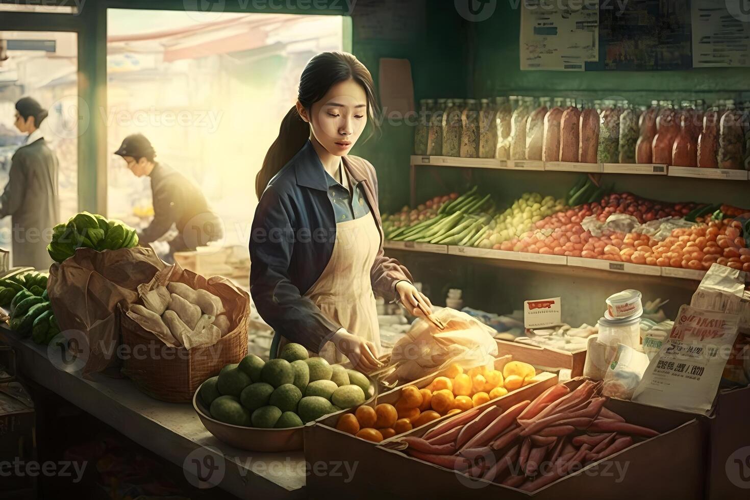 Beautiful Asian woman sells vegetables. Neural network photo