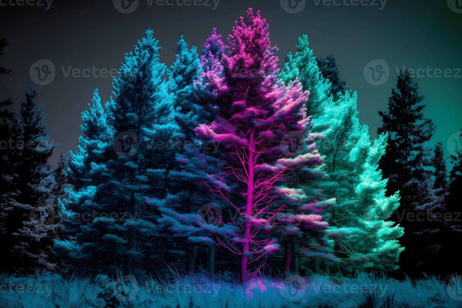 Beautiful winter forest at night and northern lights. Neural network photo