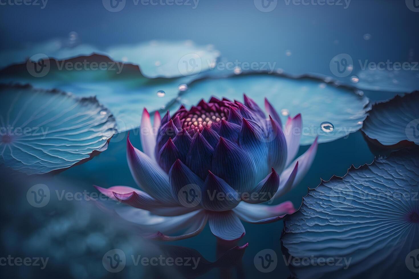 White lotus lilies in lake water. Natural beautiful flowers blossom in forest wildlife. Neural network photo