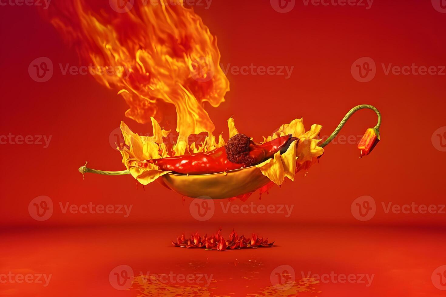 Fresh red chilli pepper in fire as a symbol of burning feeling of spicy food and spices. Red background. Neural network photo