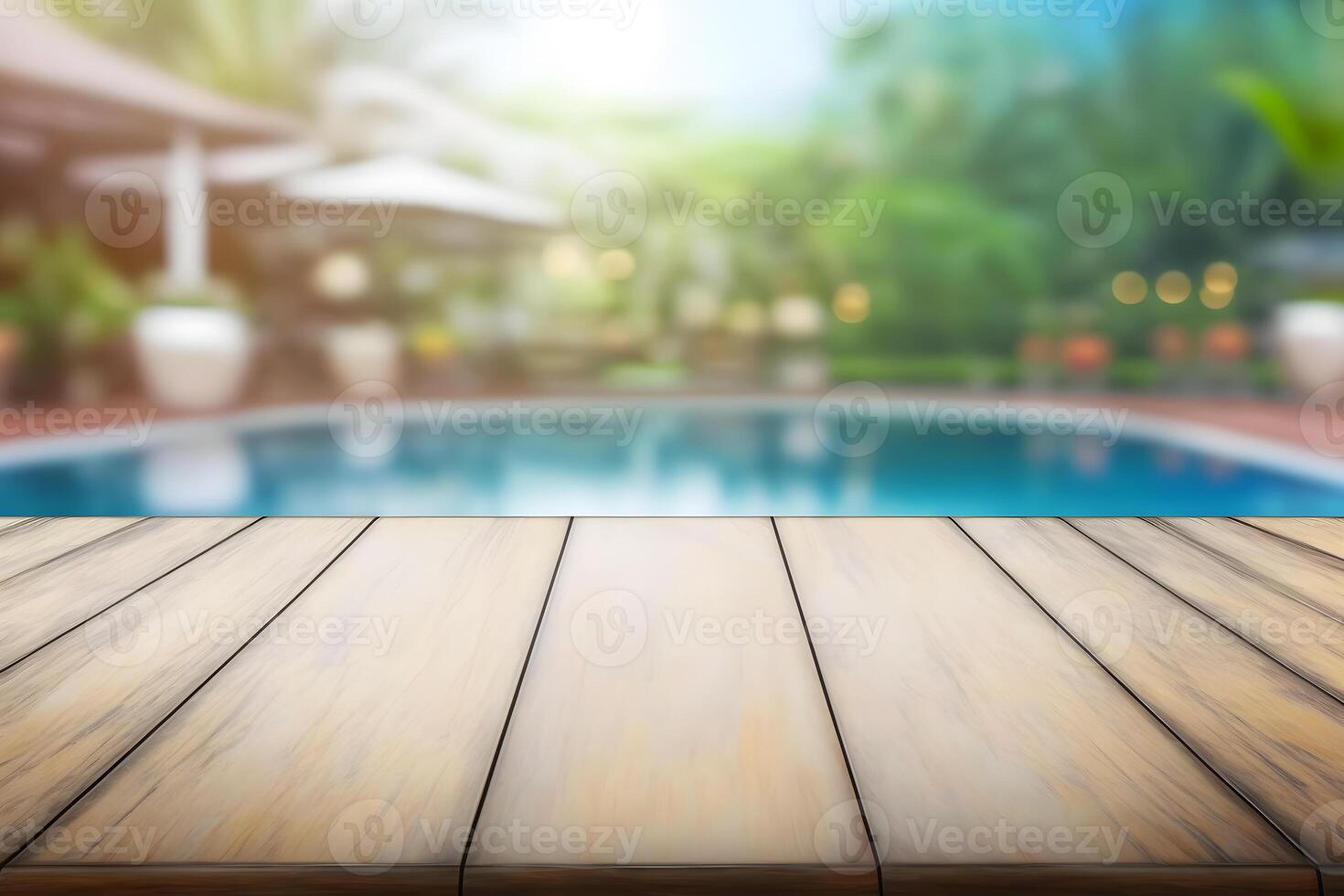 Empty wooden table in front with blurred background of swimming pool. Neural network photo