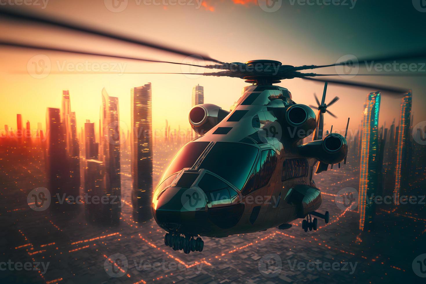 Modern futuristic army helicopter transport in city center. Neural network generated art photo