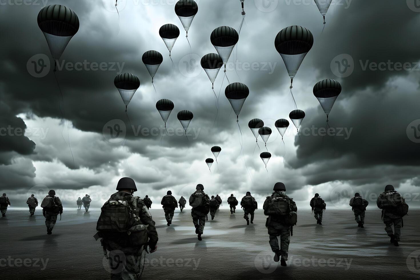 Military parachutist paratroopers jumping out of an air force airplane. Neural network photo