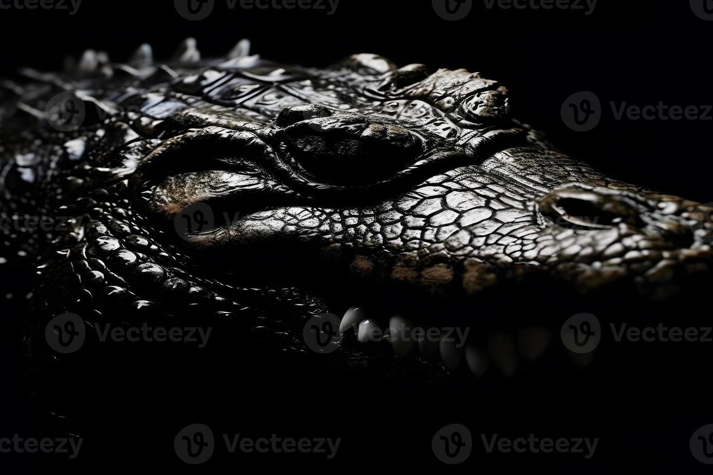 Close up view crocodile. Wild animal isolated on a black background. Neural network photo