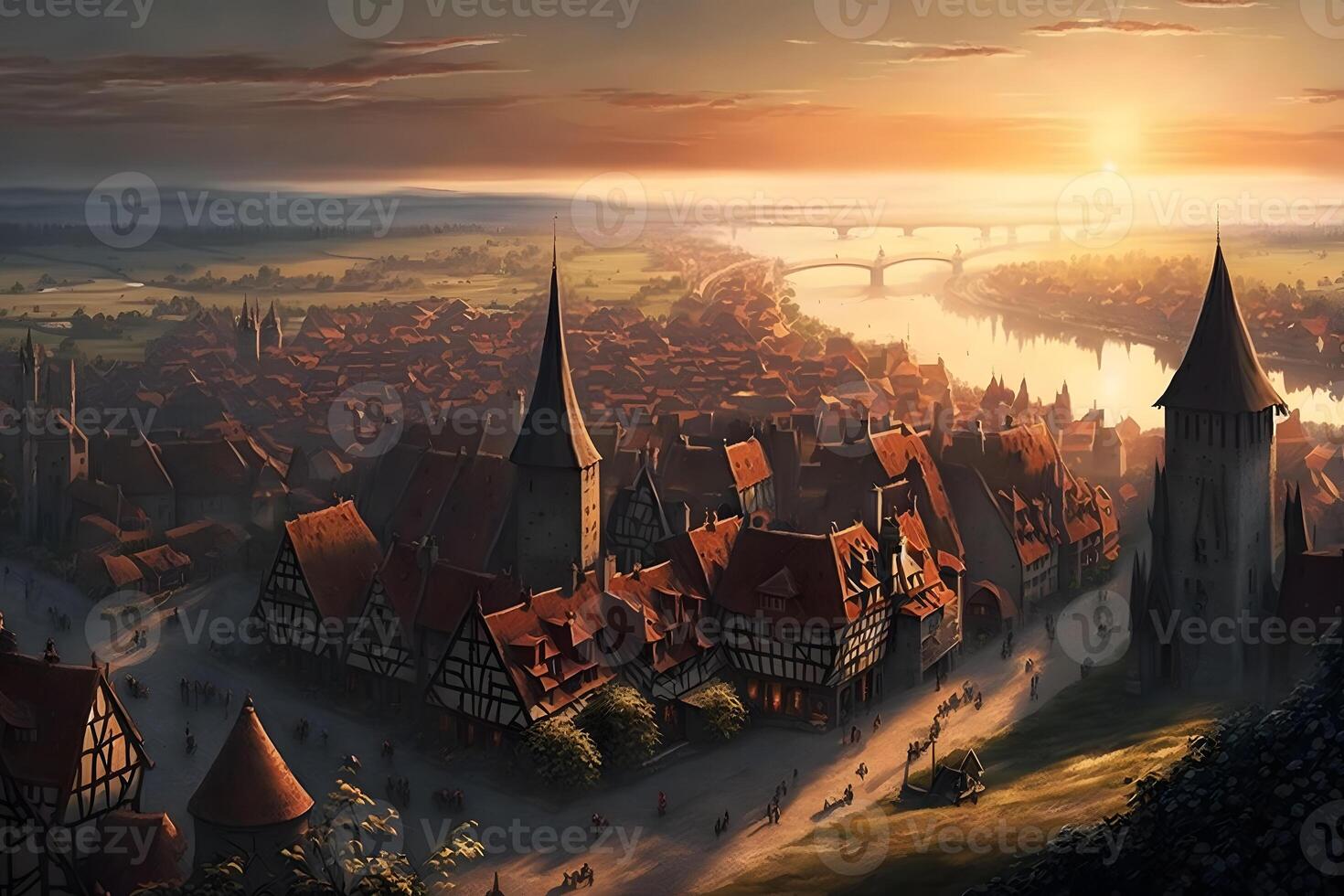 sunrise in old european city landscape. Neural network photo
