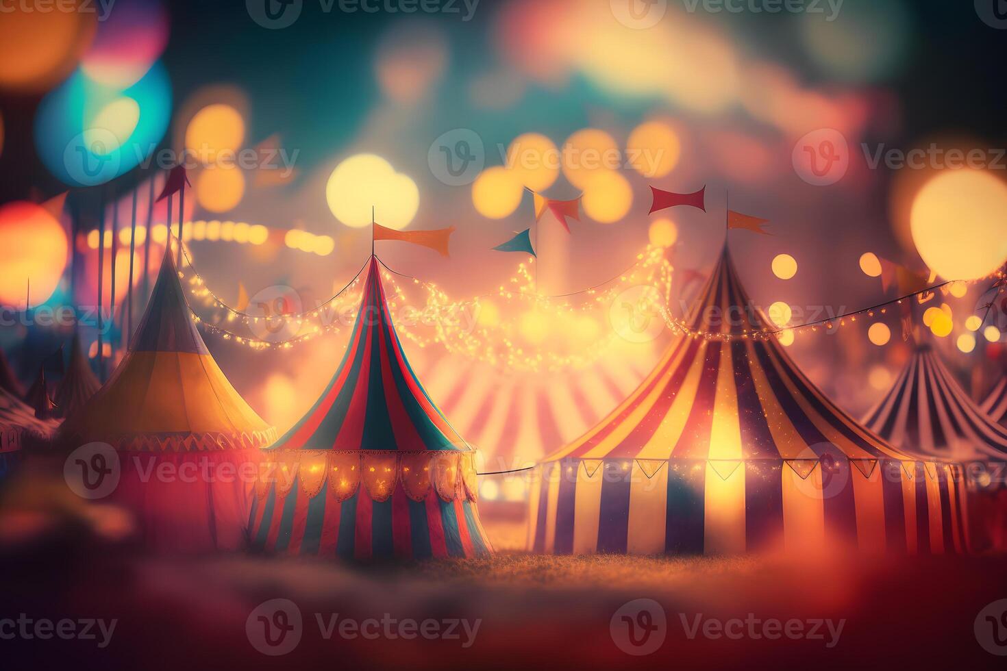 Night view of a circus tents and many light lamps with blurred background. Neural network photo