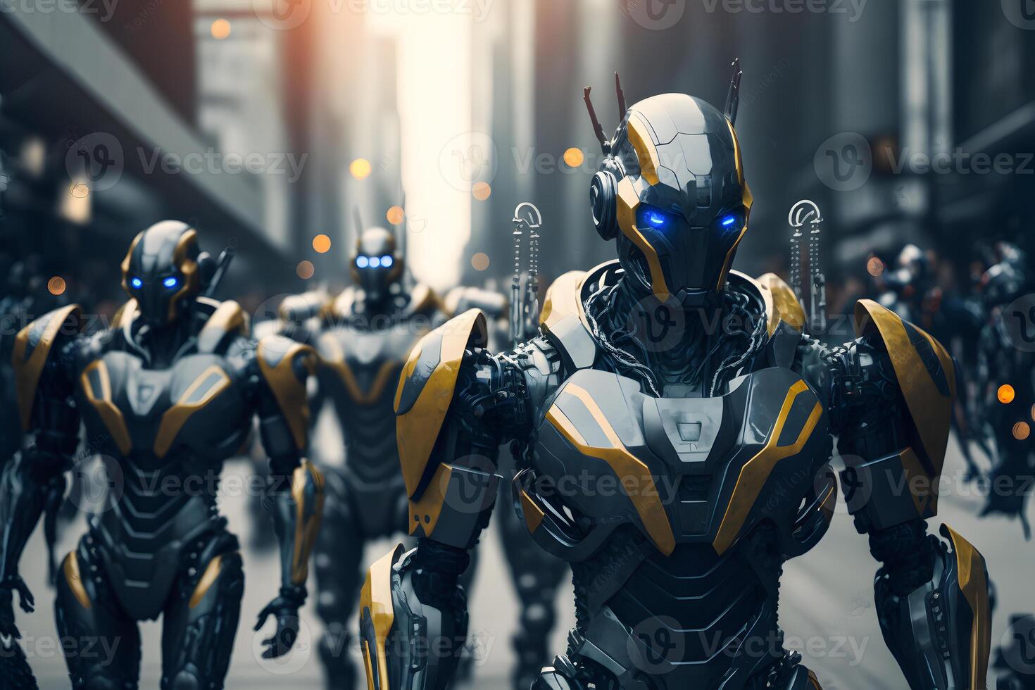 Many modern futuristic male humanoid robots with metal outfit. Neural network generated art photo