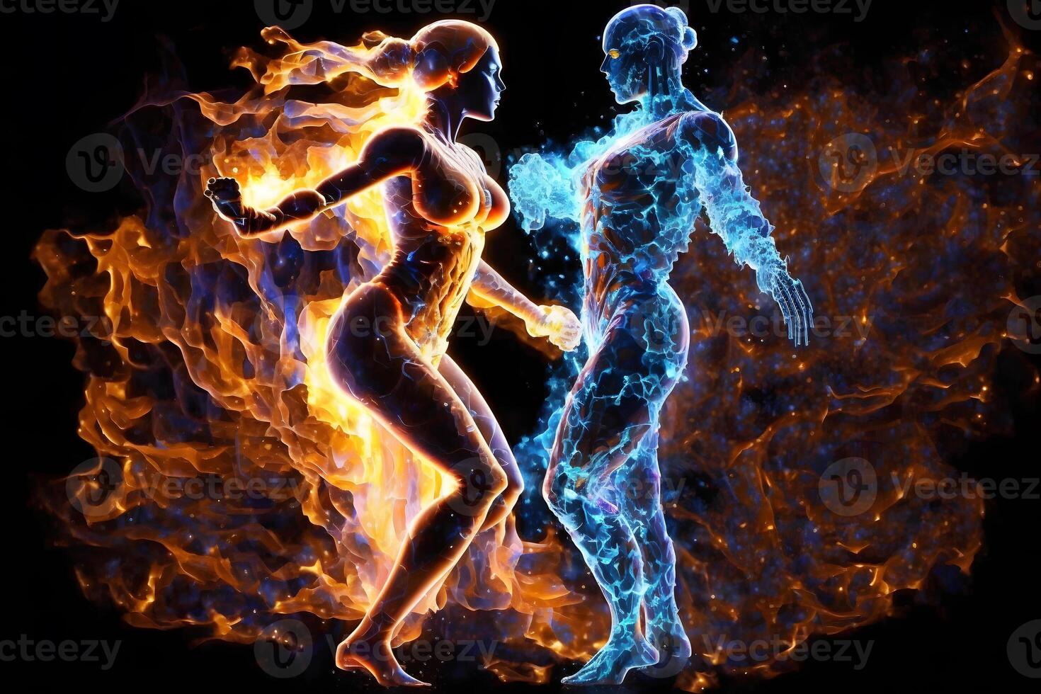 Fire and water in the form of fighting people. Yin Yang symbol. Neural network photo