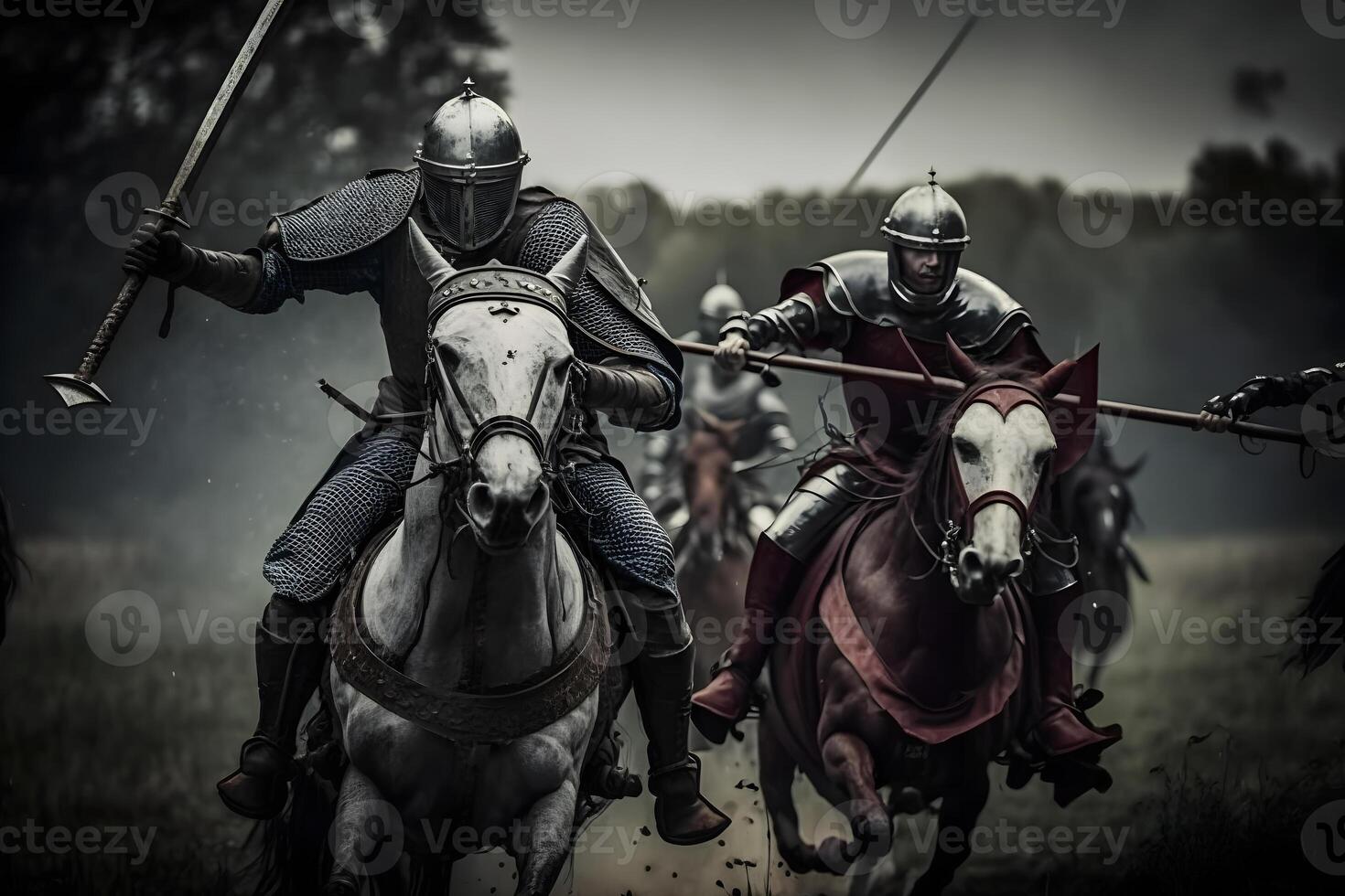 épico campo de batalla ejércitos de medieval caballeros luchando con espadas neural red ai generado foto