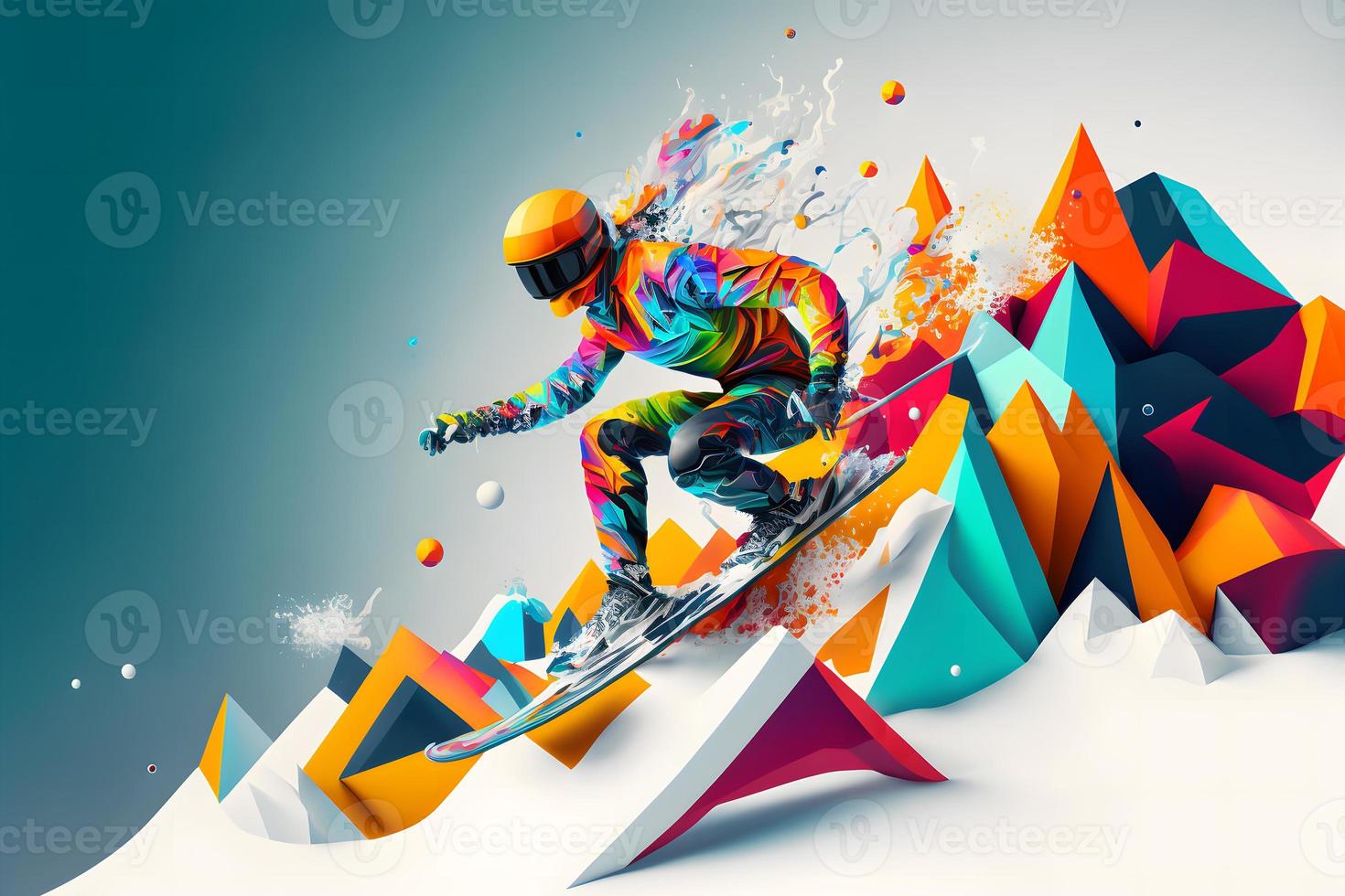 Abstract extreme sports lover performs leap into infinity with fictional skateboard or snowboard. Neural network generated art photo