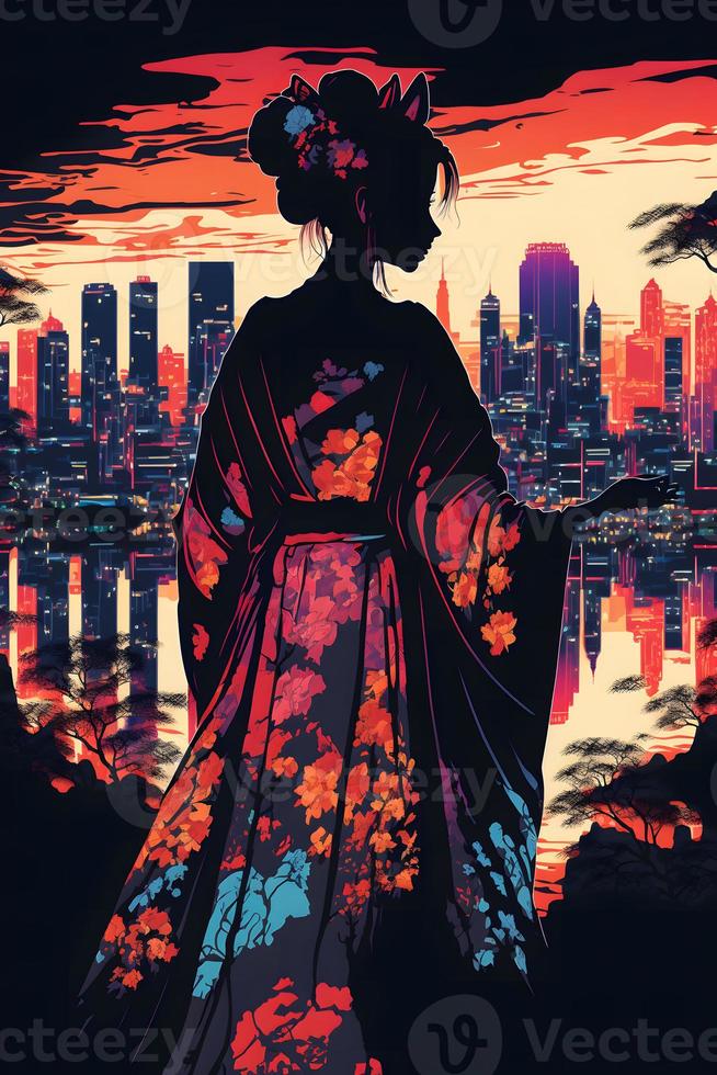 Japanese kitsune woman wearing a kimono looking to oriental city. Neural network generated art photo