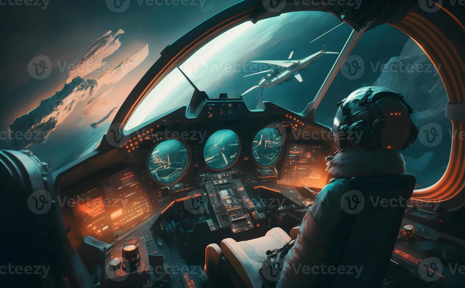 Airplane cockpit view during intergalaxy journey flight or spaceship battle. Neural network generated art photo