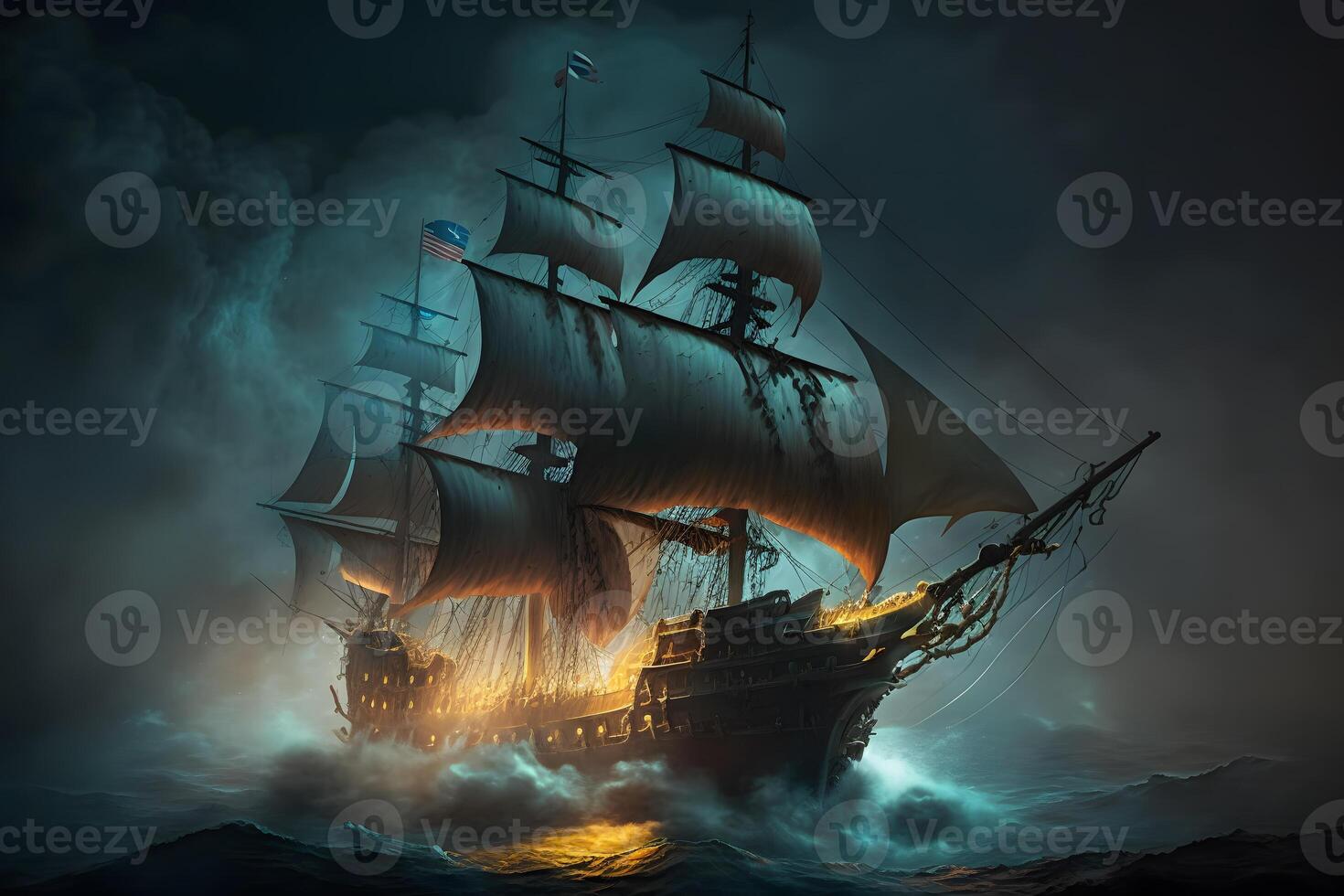 Sailing old ship in storm sea on the background clouds with lightning. Neural network photo