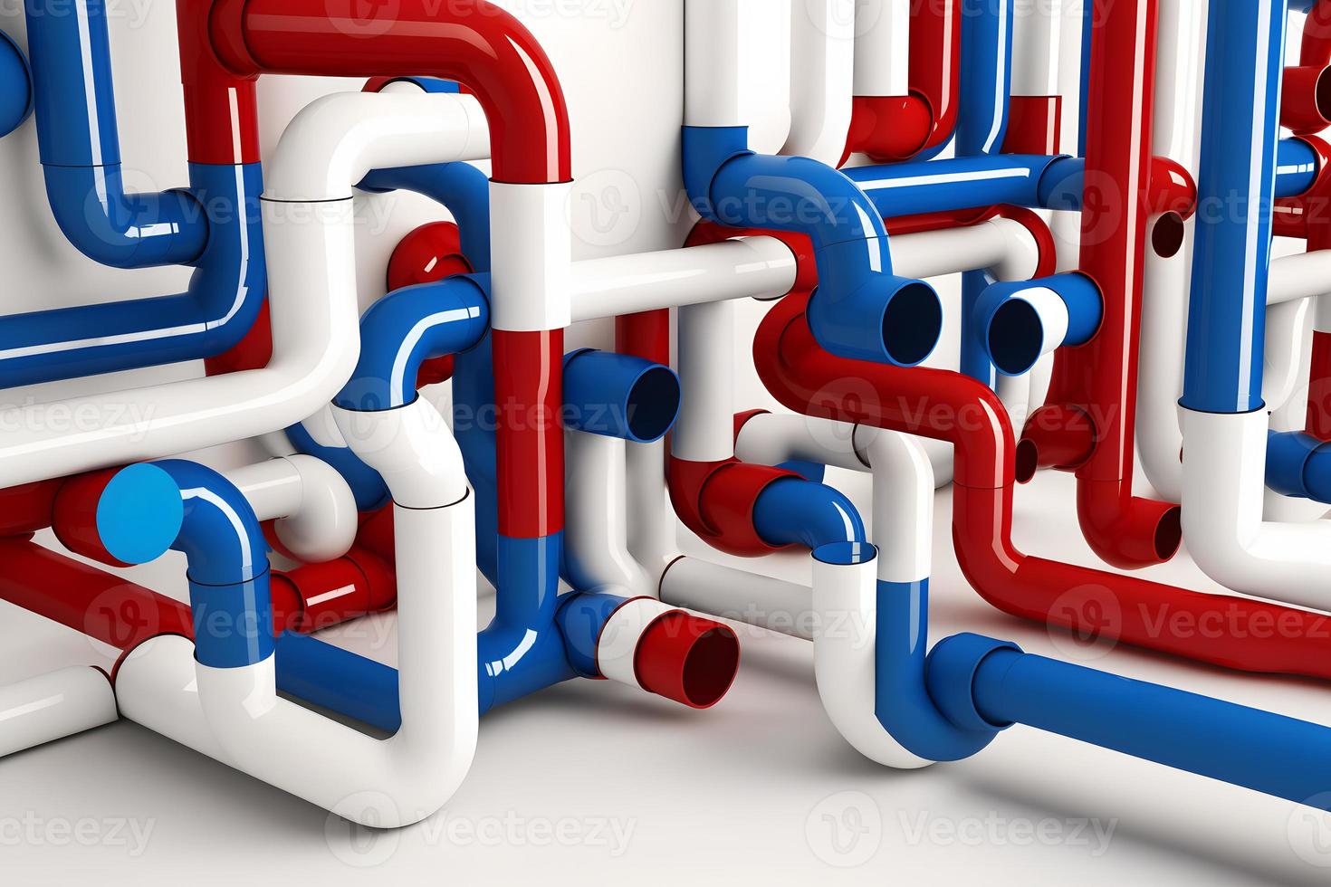 Abstract blue red and white pipes system on white background. Neural network generated art photo