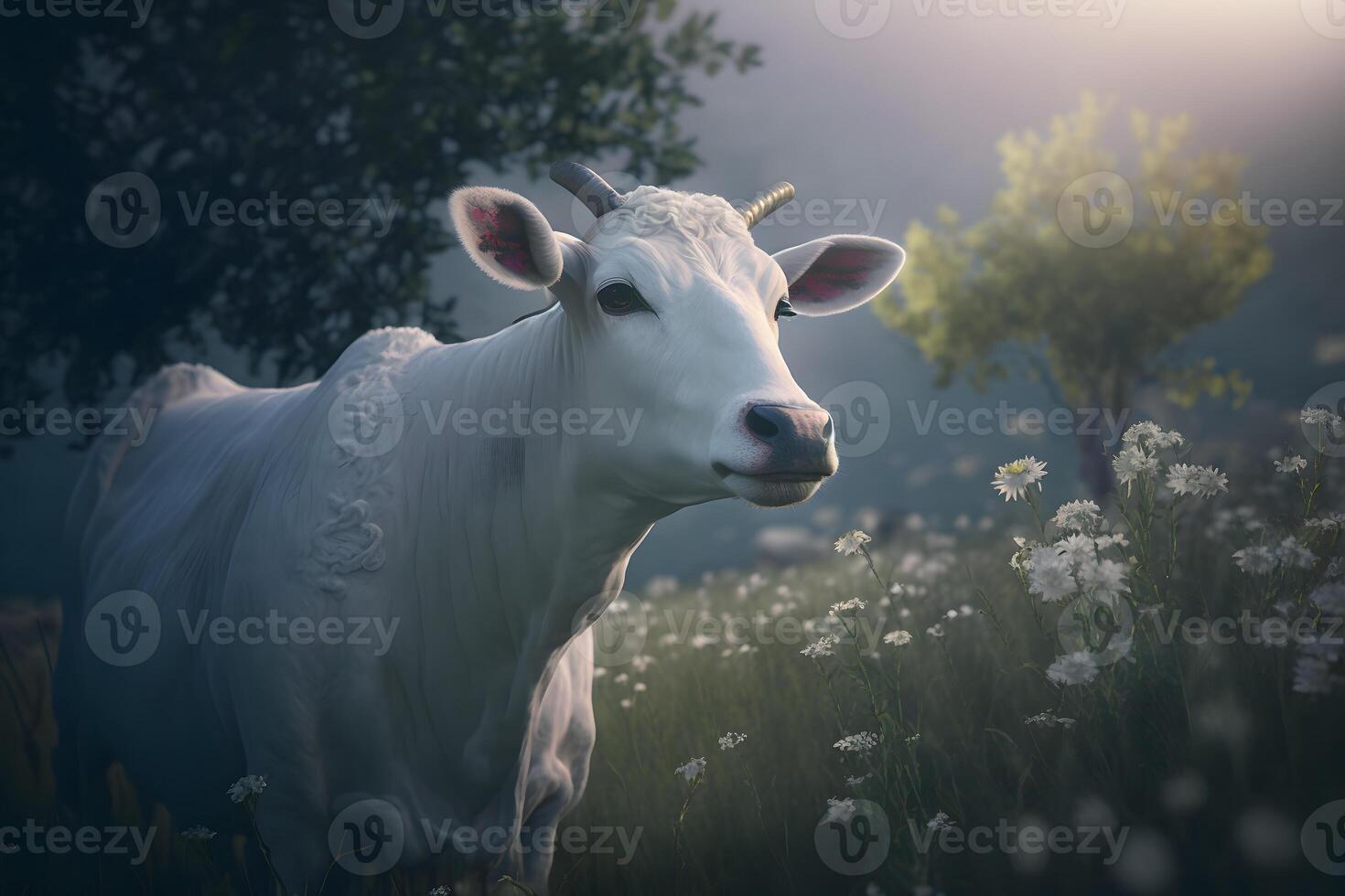 Green meadow in mountains and cow, summer landscape. Neural network photo