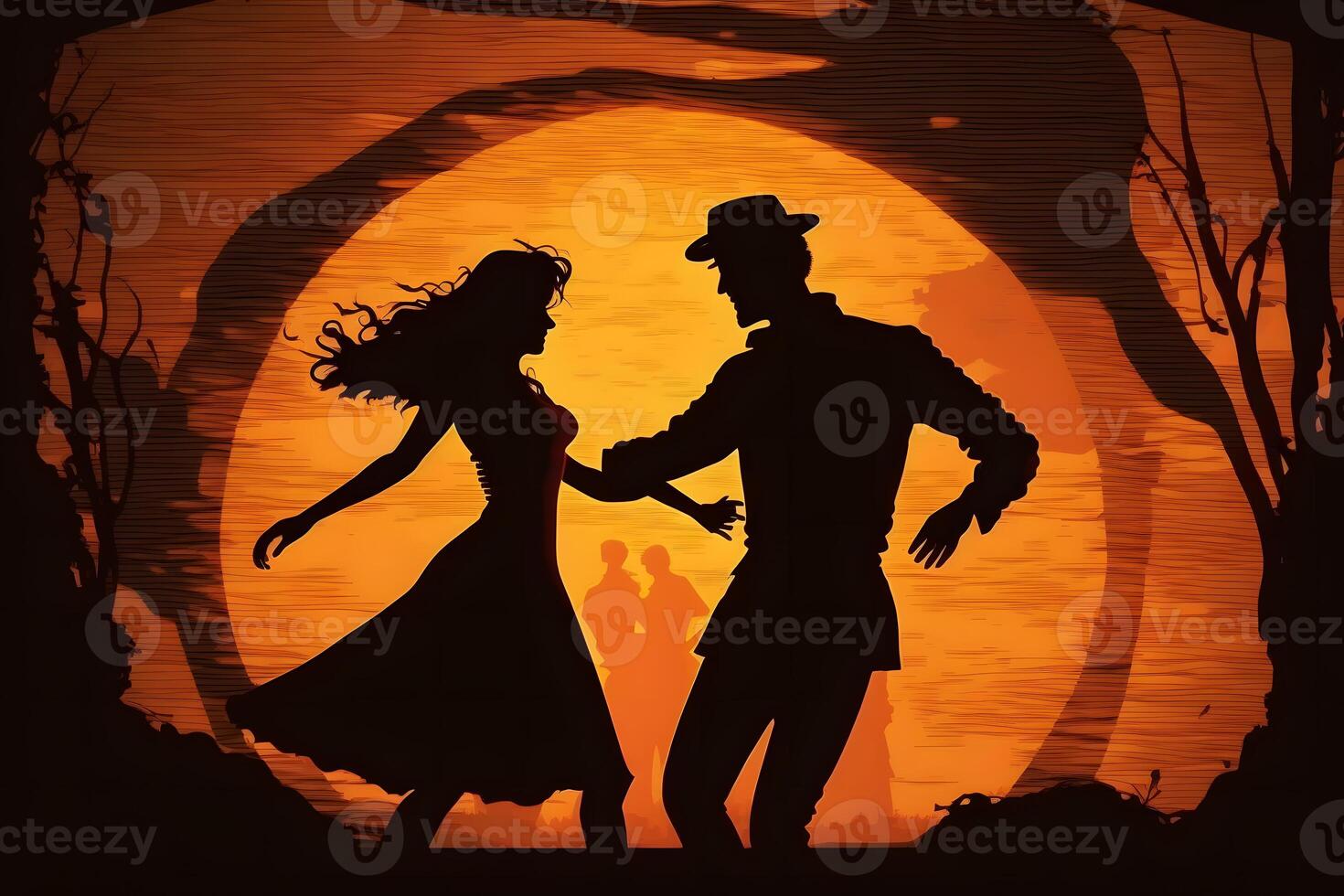 silueta de bailando Pareja en Víspera de Todos los Santos estilo. neural red ai generado foto