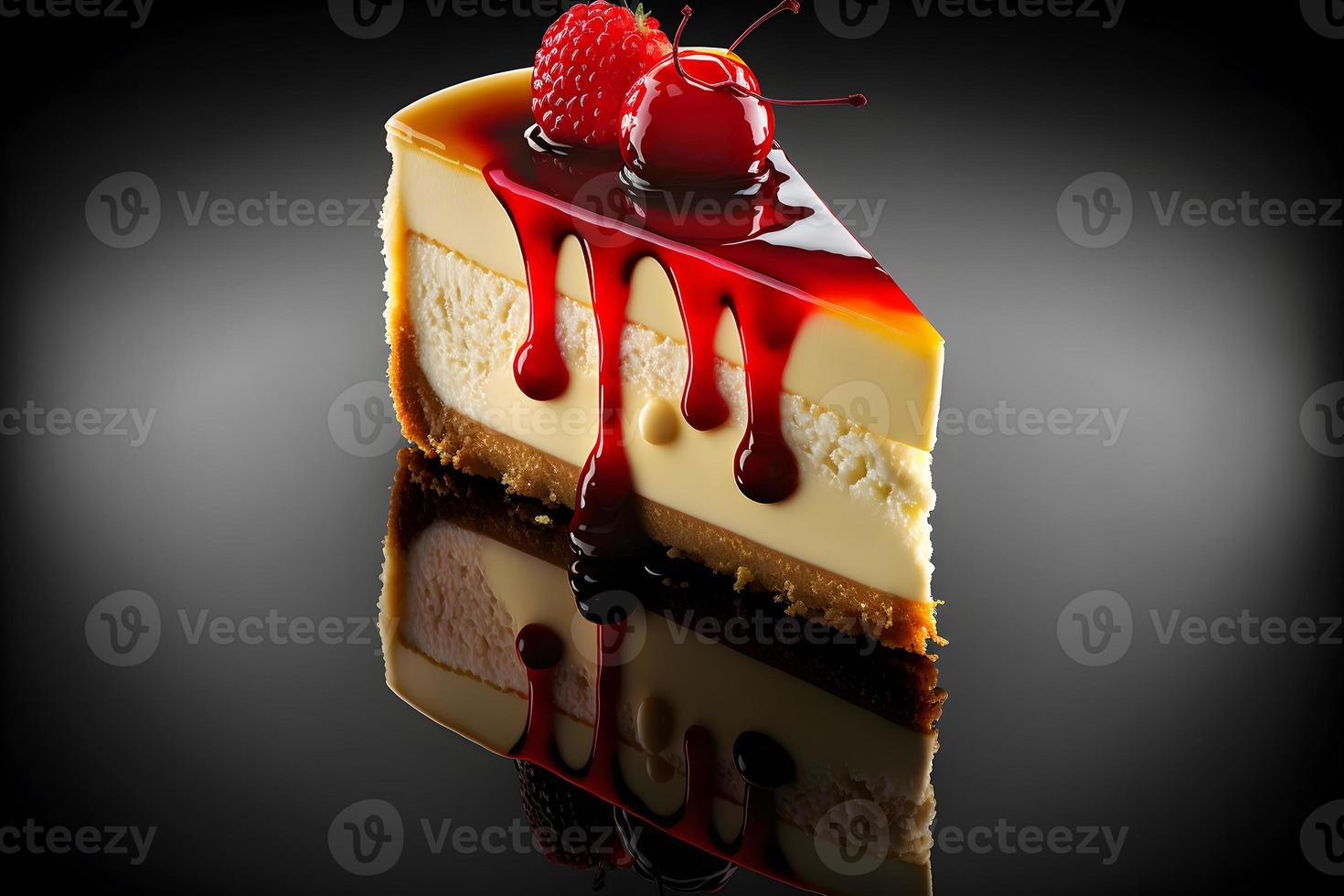 Piece of cheesecake with fresh cherry and mint. Neural network generated art photo