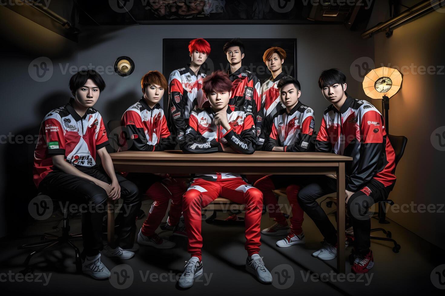 Team of asian teenage cyber sport gamers. Neural network photo