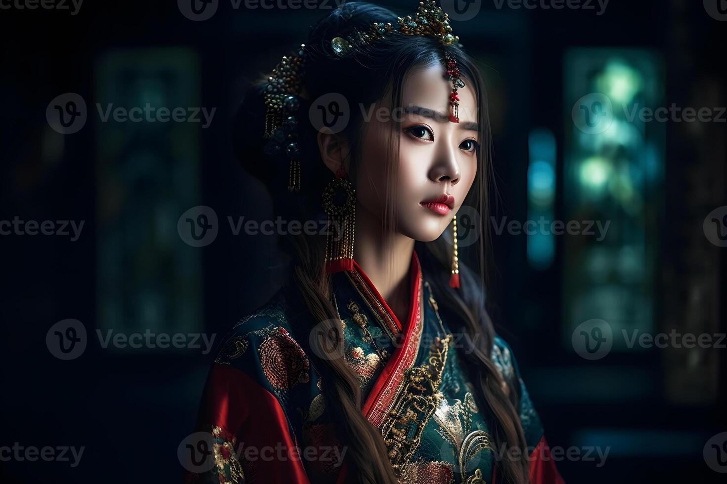 Asian woman in kimono at night. Neural network photo