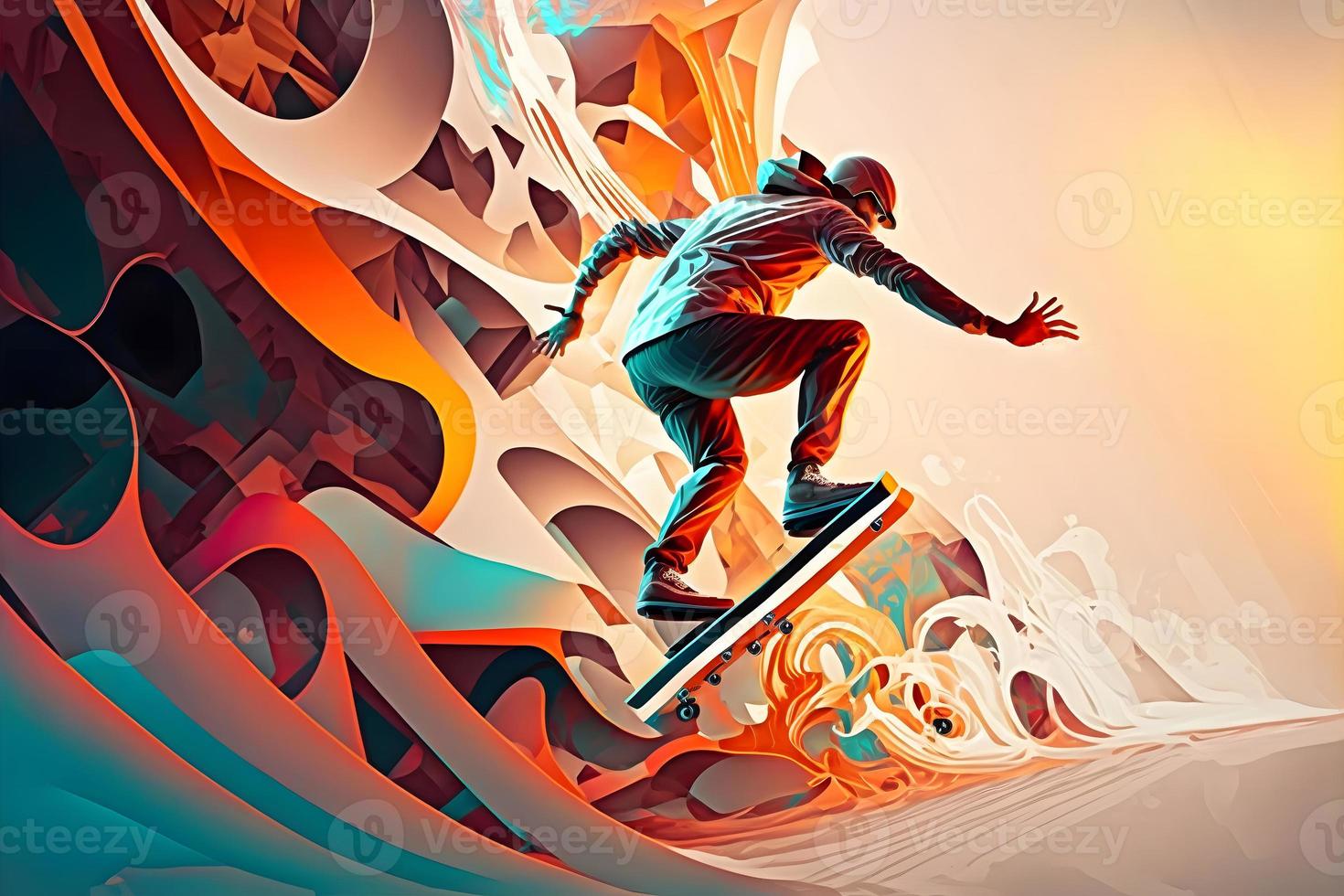 Abstract extreme sports lover performs leap into infinity with fictional skateboard or snowboard. Neural network generated art photo