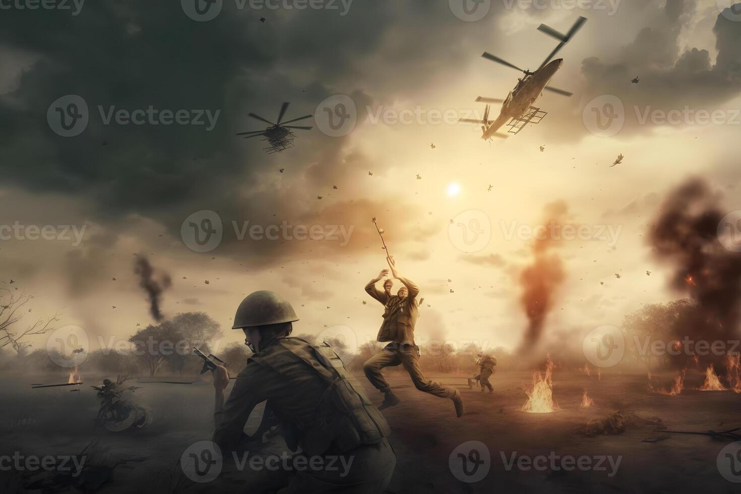 Vietnam war with helicopters and explosions. Neural network photo