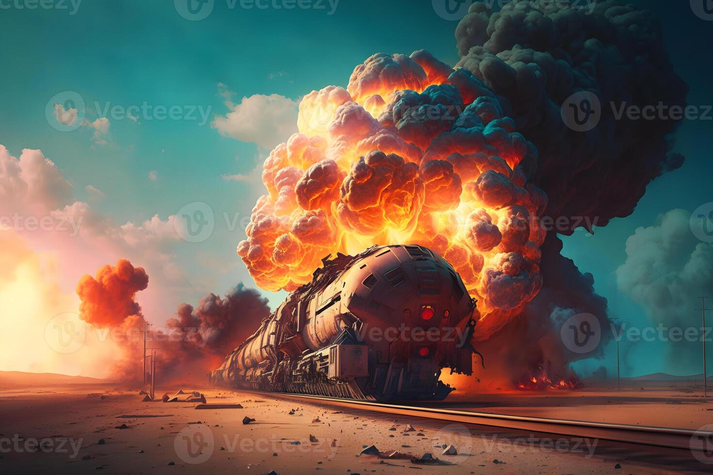 explosion of wagons at the railway station. Neural network photo