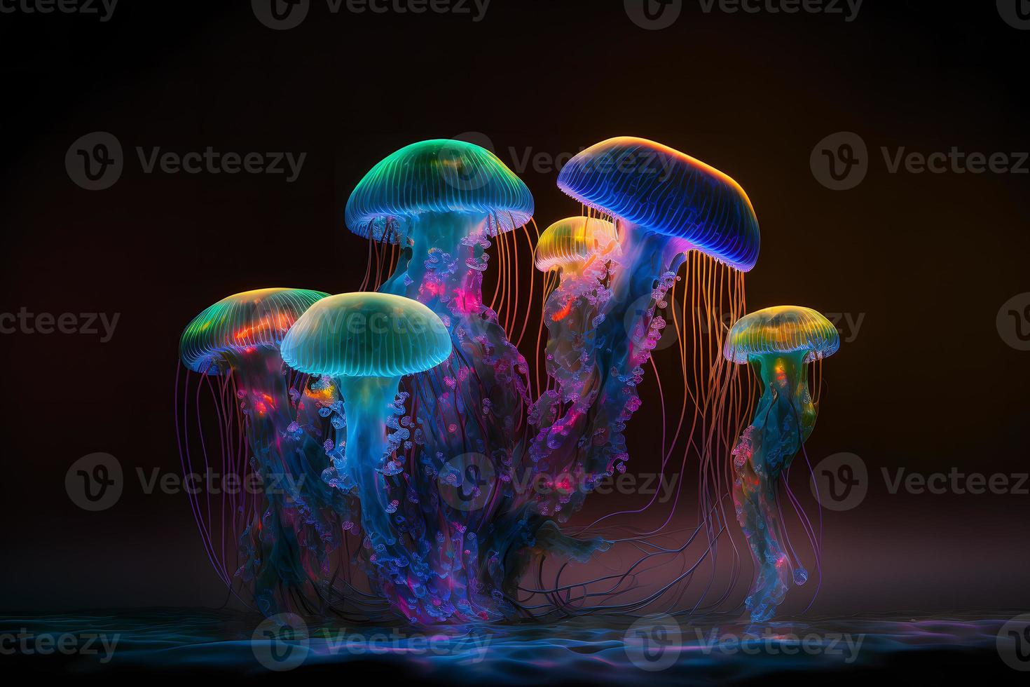 Group of clear glowing neon color light jelly fish in deep dark water. Neural network generated art photo