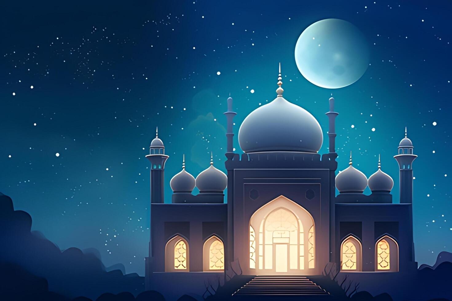 A mosque with a moon and stars in the background. photo