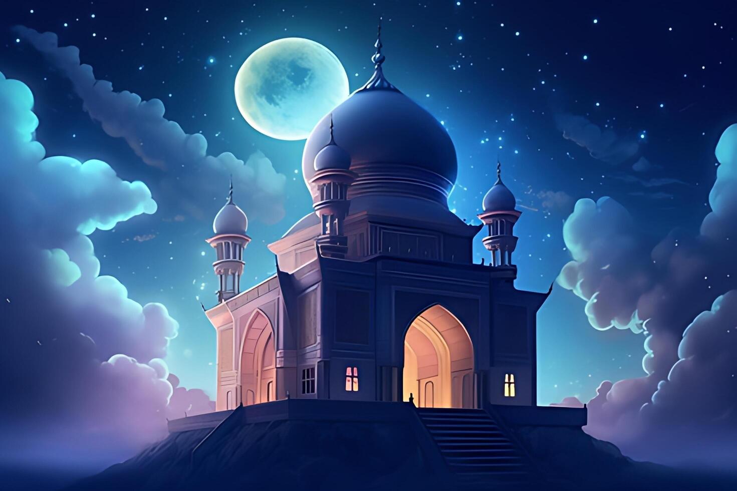 A mosque with a moon and stars in the background. photo