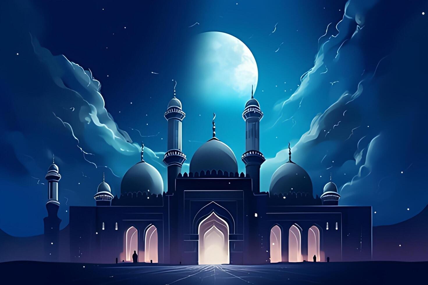 A mosque with a moon and stars in the background. photo
