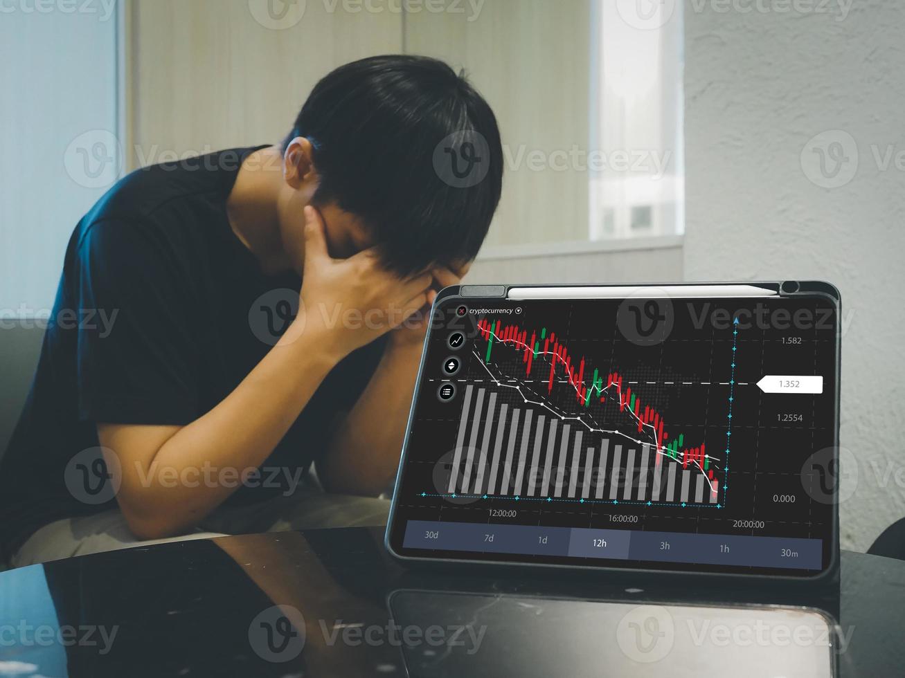 man who is stressed out stock market trend down and broker despair on charts and numbers with bear time investment loss photo