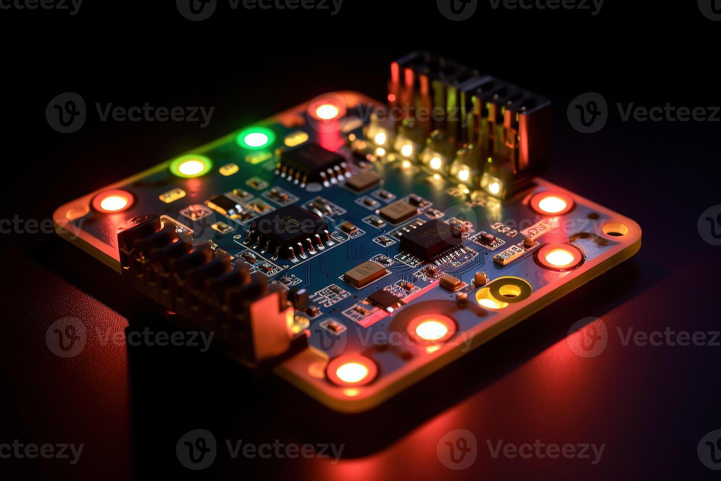 Computer circuit board background. Chips processor with leds. photo