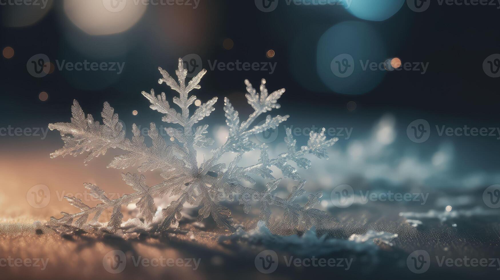 Navidad noche composición de copos de nieve en nieve con destellos.. creado con generativo ai foto