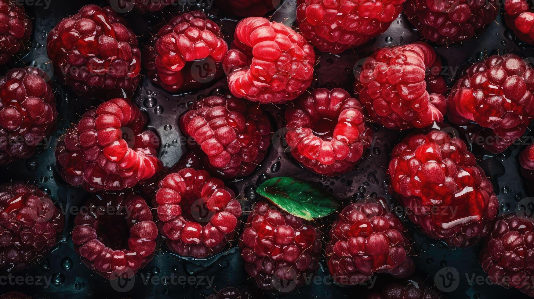 Full frame closeup of fresh ripe red healthy raspberries in pile on stall.. Created with photo