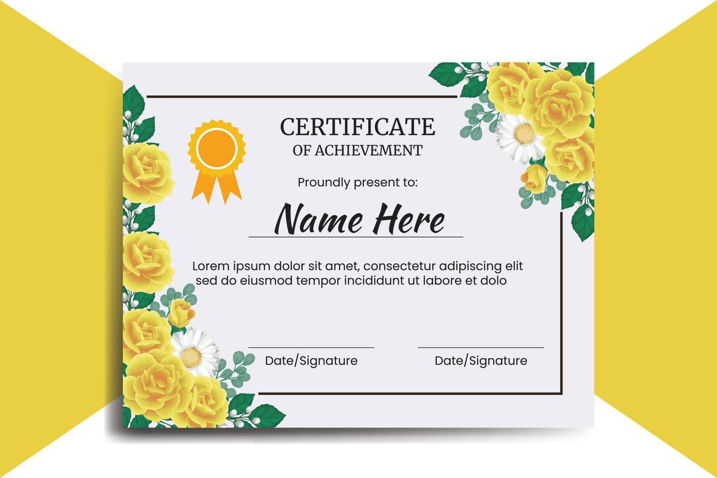 Certificate Template Yellow Rose Flower watercolor Digital hand drawn vector