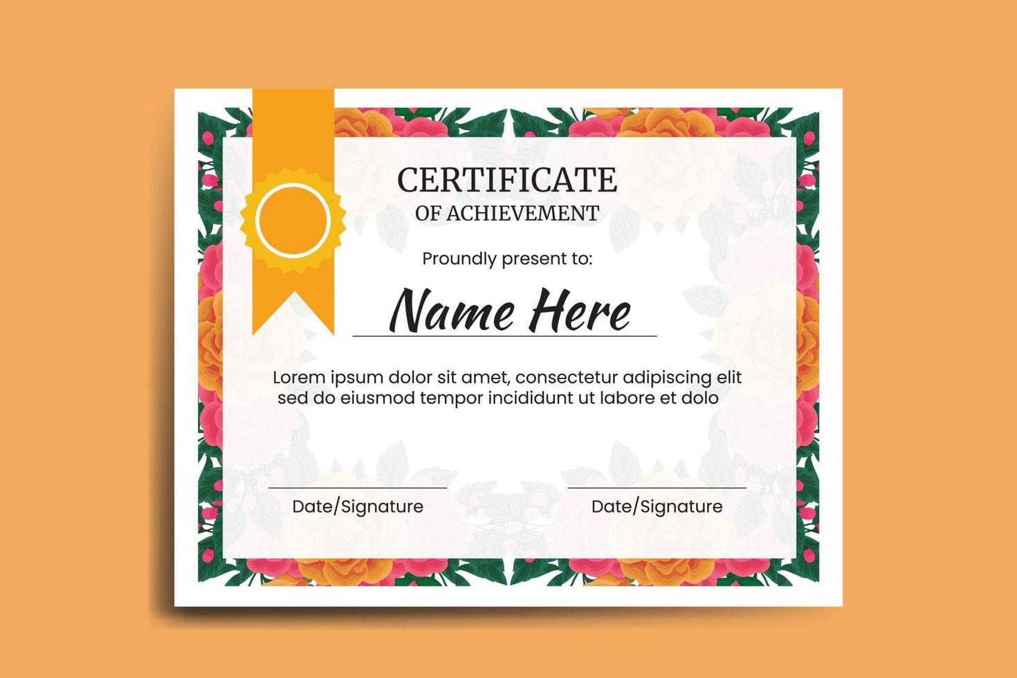Certificate Template Orange Rose Flower watercolor Digital hand drawn vector