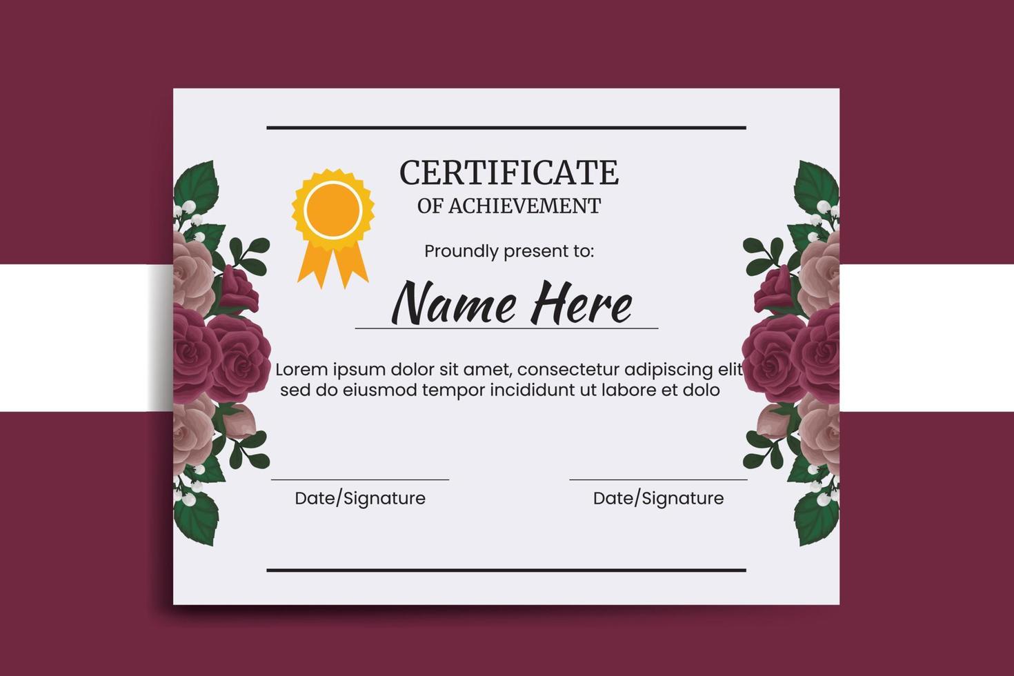Certificate Template Maroon Rose Flower watercolor Digital hand drawn vector