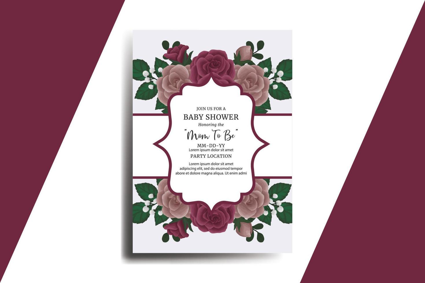 Baby Shower Greeting Card Maroon Rose Flower Design Template vector