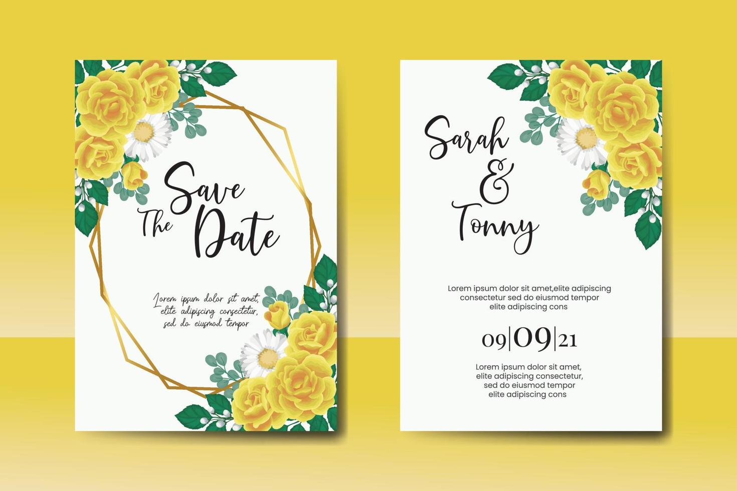 Wedding invitation frame set, floral watercolor Digital hand drawn Yellow Rose flower design Invitation Card Template vector