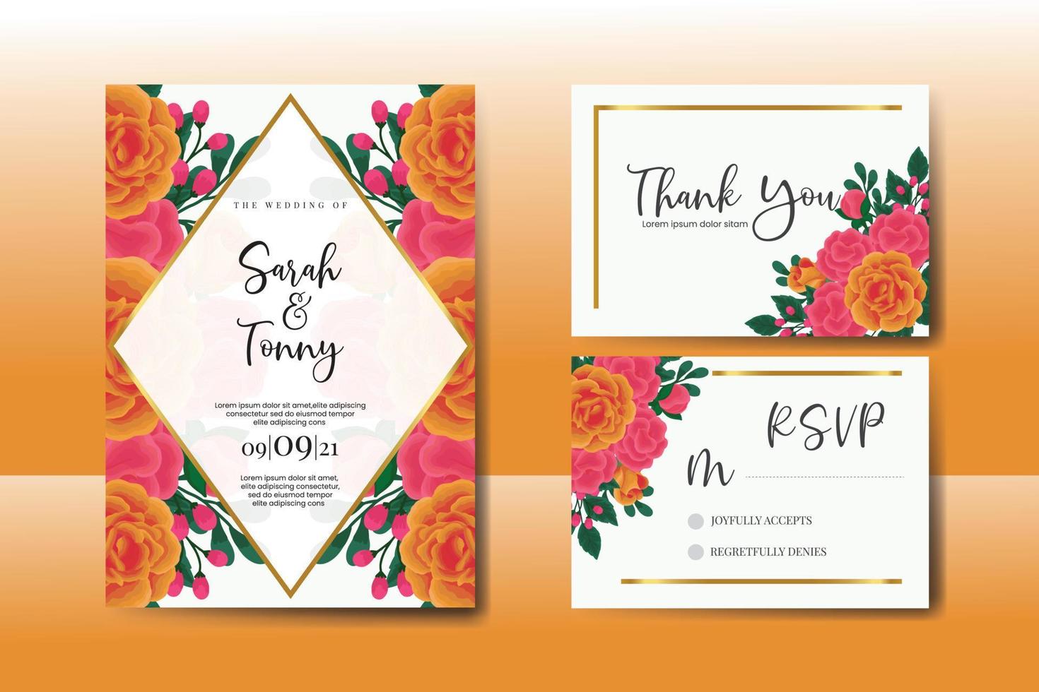 Wedding invitation frame set, floral watercolor Digital hand drawn Orange Rose flower design Invitation Card Template vector