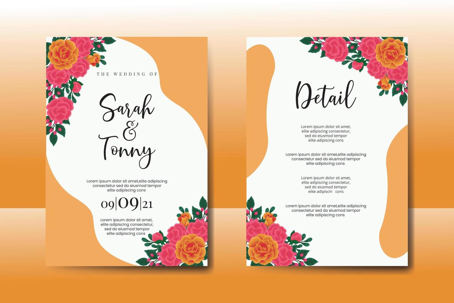 Wedding invitation frame set, floral watercolor Digital hand drawn Orange Rose flower design Invitation Card Template vector