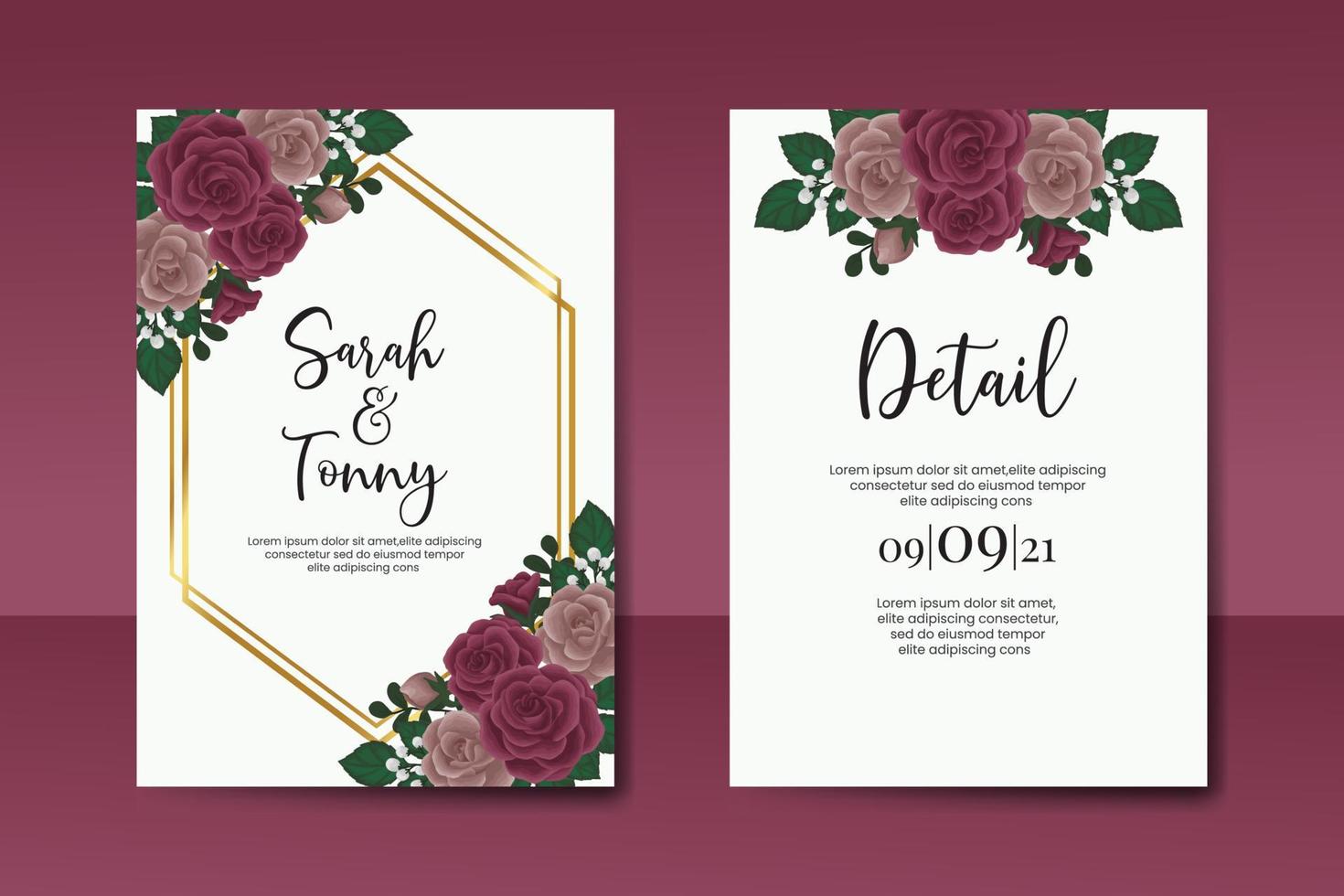 Wedding invitation frame set, floral watercolor Digital hand drawn Maroon Rose flower design Invitation Card Template vector