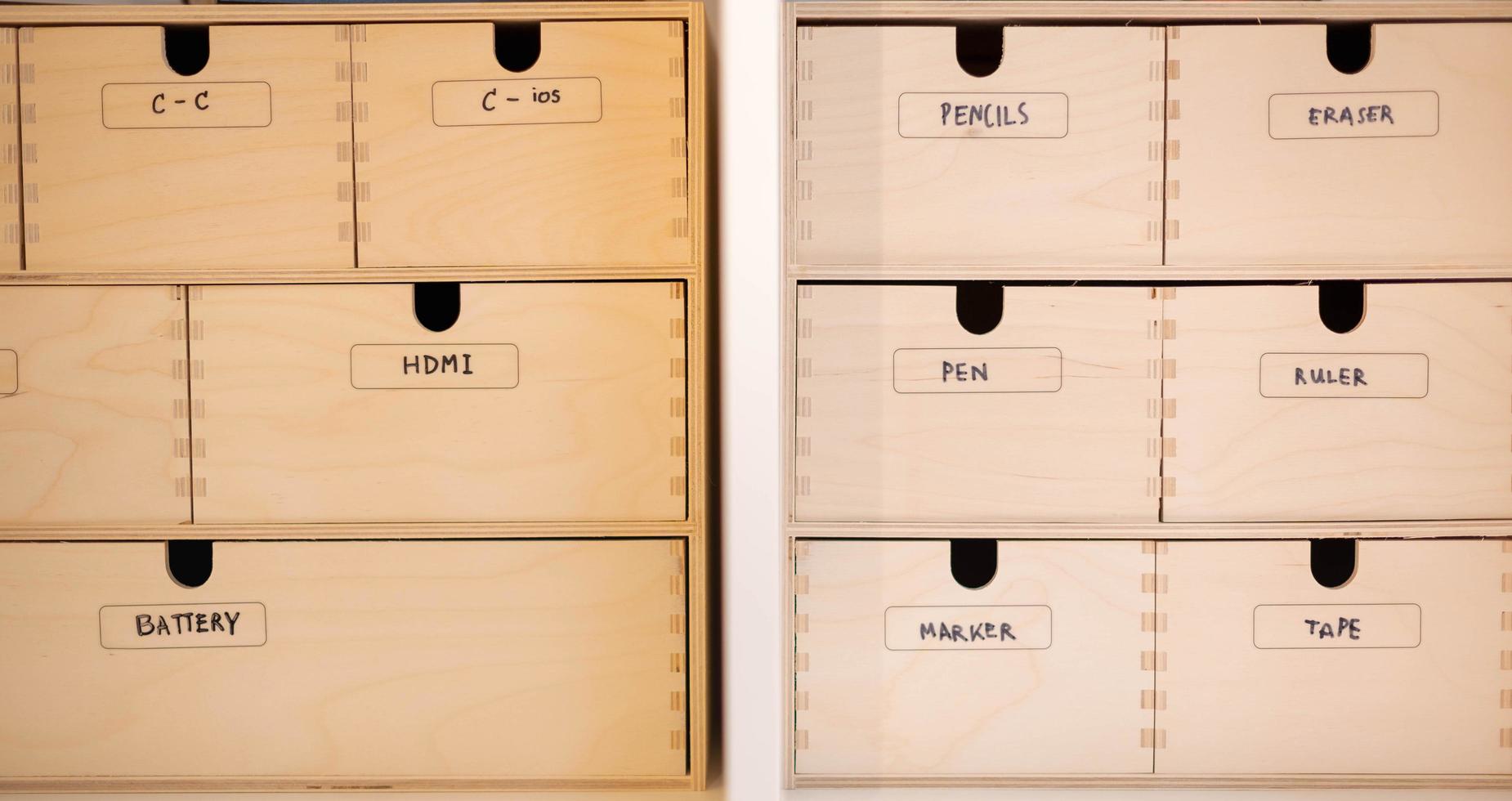 The wood drawer with office tools that put on the wood shelf in the room. photo