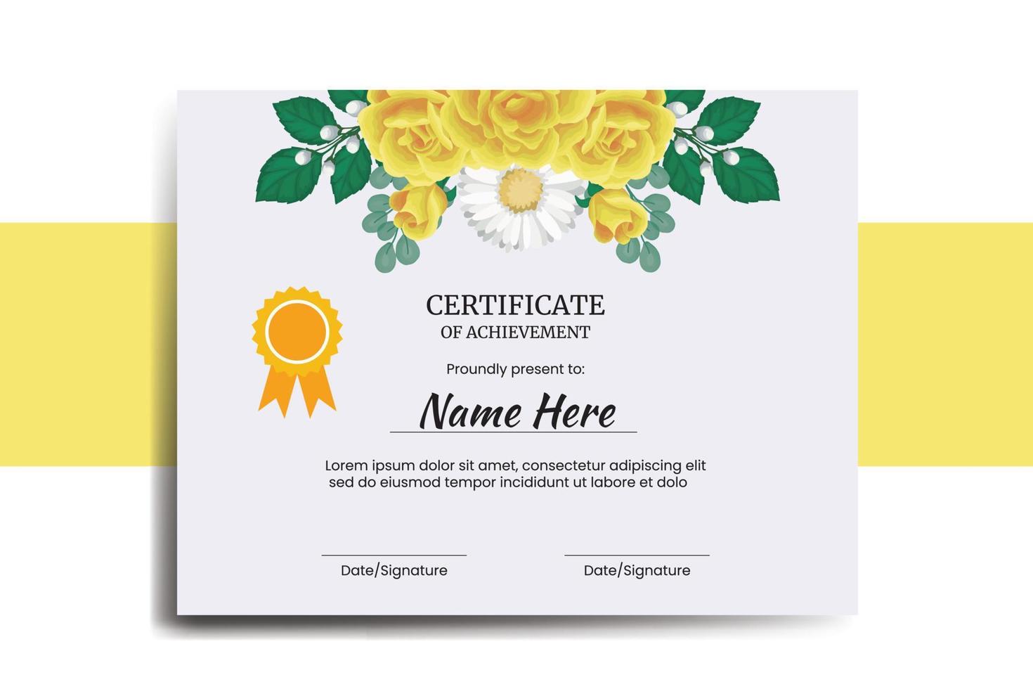 Certificate Template Yellow Rose Flower watercolor Digital hand drawn vector