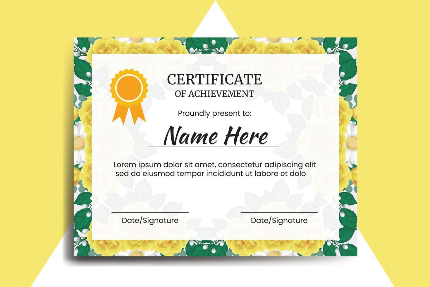 Certificate Template Yellow Rose Flower watercolor Digital hand drawn vector