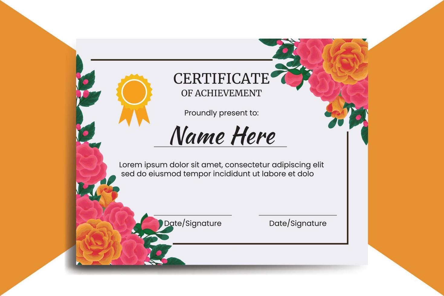Certificate Template Orange Rose Flower watercolor Digital hand drawn vector