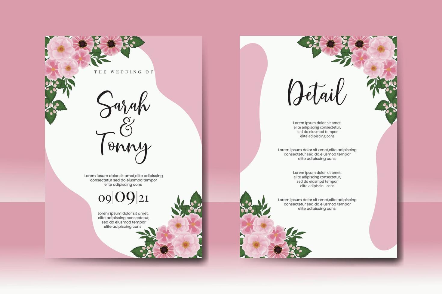 Wedding invitation frame set, floral watercolor Digital hand drawn Zinnia and Peony flower design Invitation Card Template vector