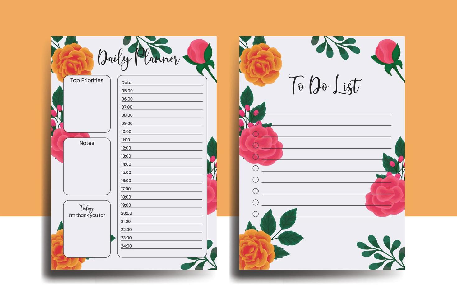 Planner To Do List Orange Rose Flower Design Template vector