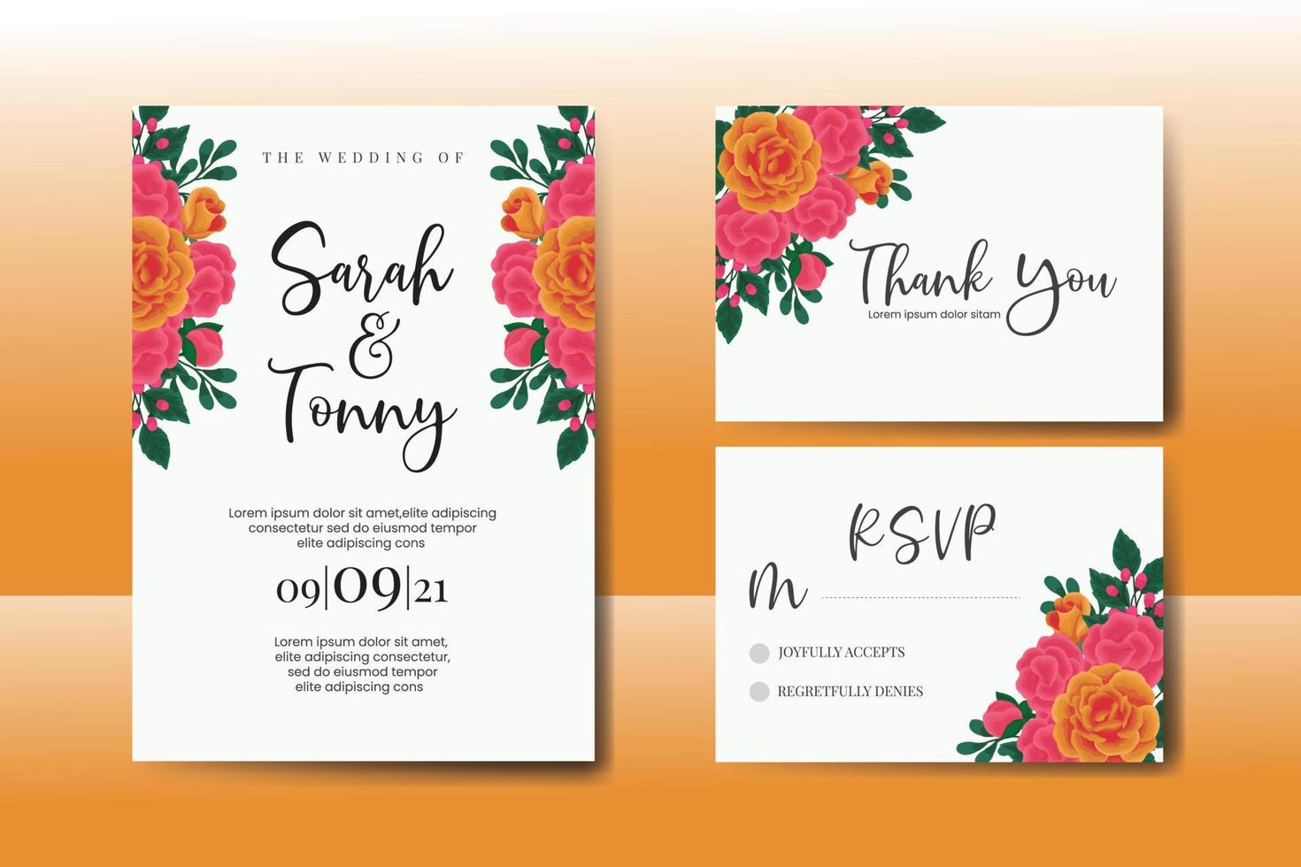 Wedding invitation frame set, floral watercolor Digital hand drawn Orange Rose flower design Invitation Card Template vector